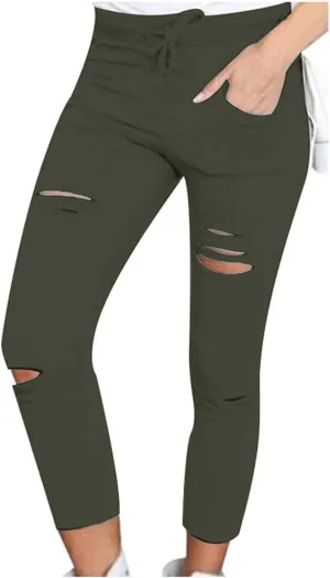 Women's Ripped Pencil Pants High Waist Lace-up Skinny Stretchy Leggings Workout Casual Yoga Trousers with Pockets