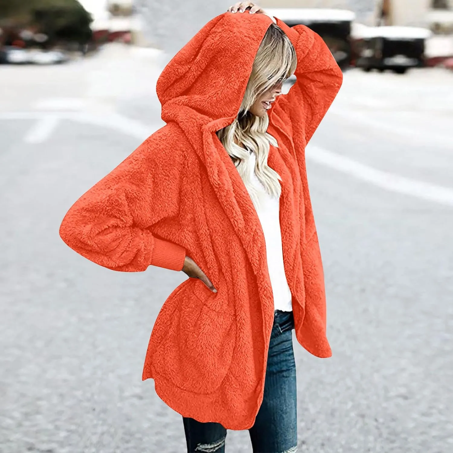 Womens Sherpa Jacket Comfy Fleece Hoodies Fuzzy Jacket Oversized Open Front Cardigan Teddy Coat Outerwear with Pocket