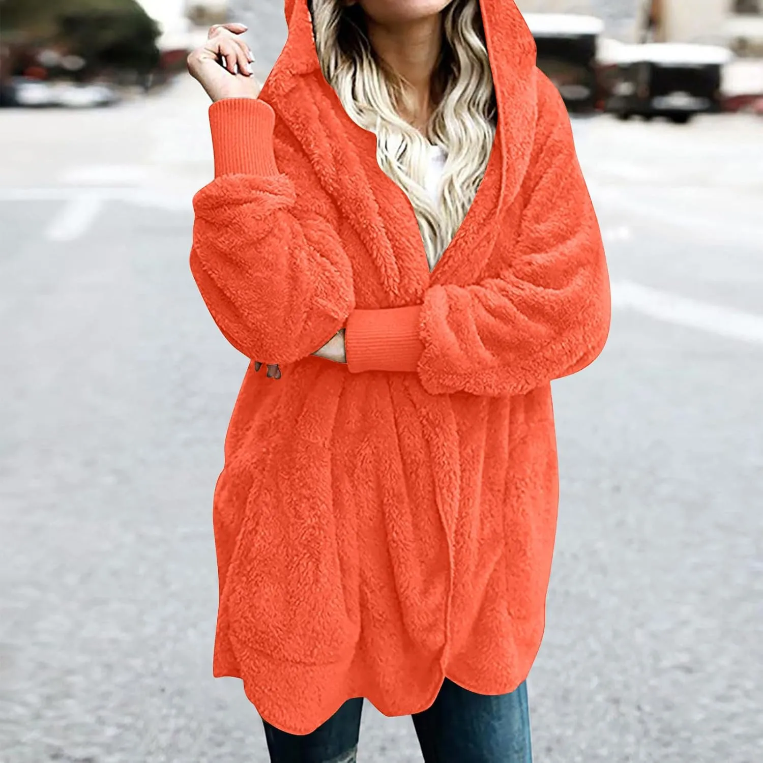 Womens Sherpa Jacket Comfy Fleece Hoodies Fuzzy Jacket Oversized Open Front Cardigan Teddy Coat Outerwear with Pocket