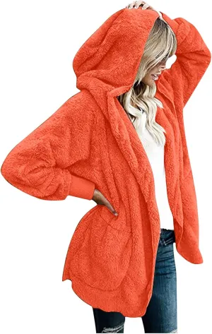 Womens Sherpa Jacket Comfy Fleece Hoodies Fuzzy Jacket Oversized Open Front Cardigan Teddy Coat Outerwear with Pocket