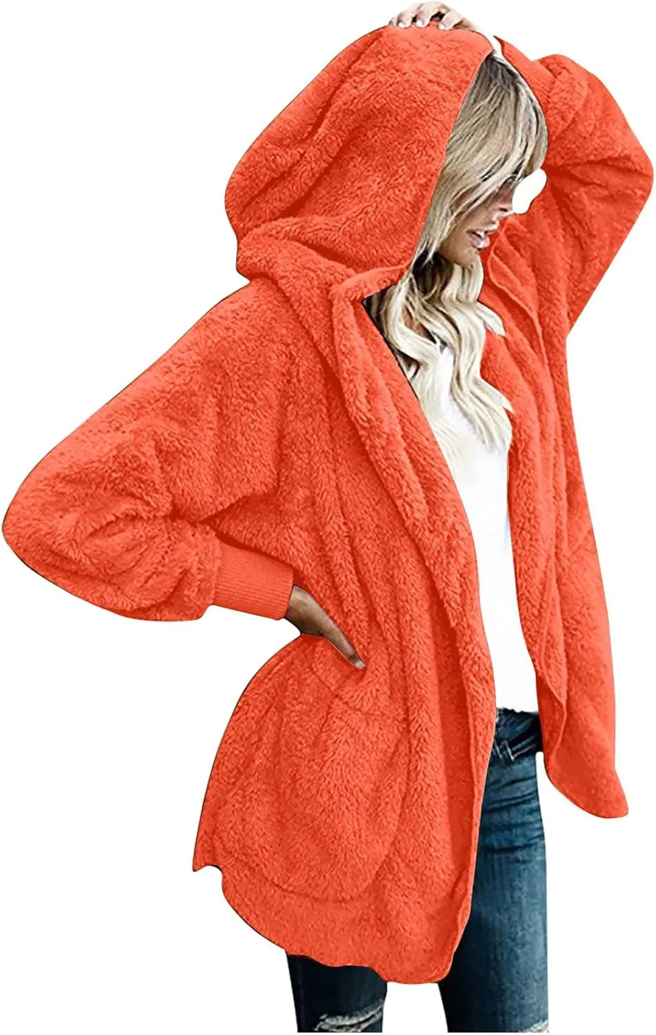 Womens Sherpa Jacket Comfy Fleece Hoodies Fuzzy Jacket Oversized Open Front Cardigan Teddy Coat Outerwear with Pocket