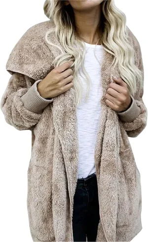 Womens Sherpa Jacket Comfy Fleece Hoodies Fuzzy Jacket Oversized Open Front Cardigan Teddy Coat Outerwear with Pocket