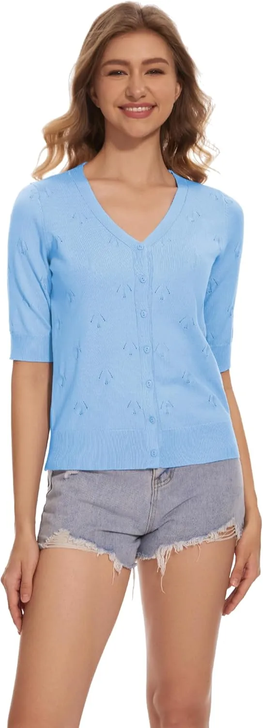 Women's Short Sleeve V Neck Shrugs Button Down Knit Cropped Cardigan Sweater Tops
