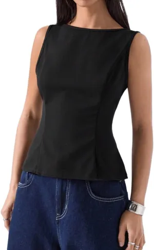Womens Sleeveless Camisole Tank Tops Blouse Round Neck Casual Asymmetrical Regular Fit Top