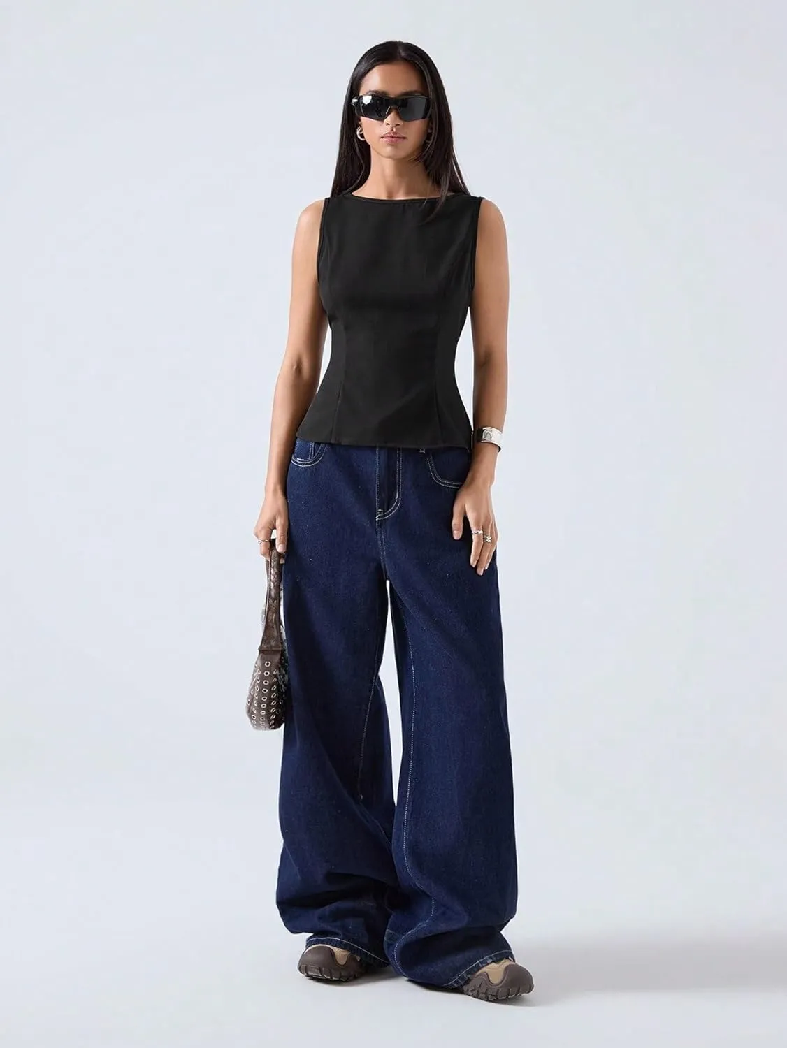 Womens Sleeveless Camisole Tank Tops Blouse Round Neck Casual Asymmetrical Regular Fit Top