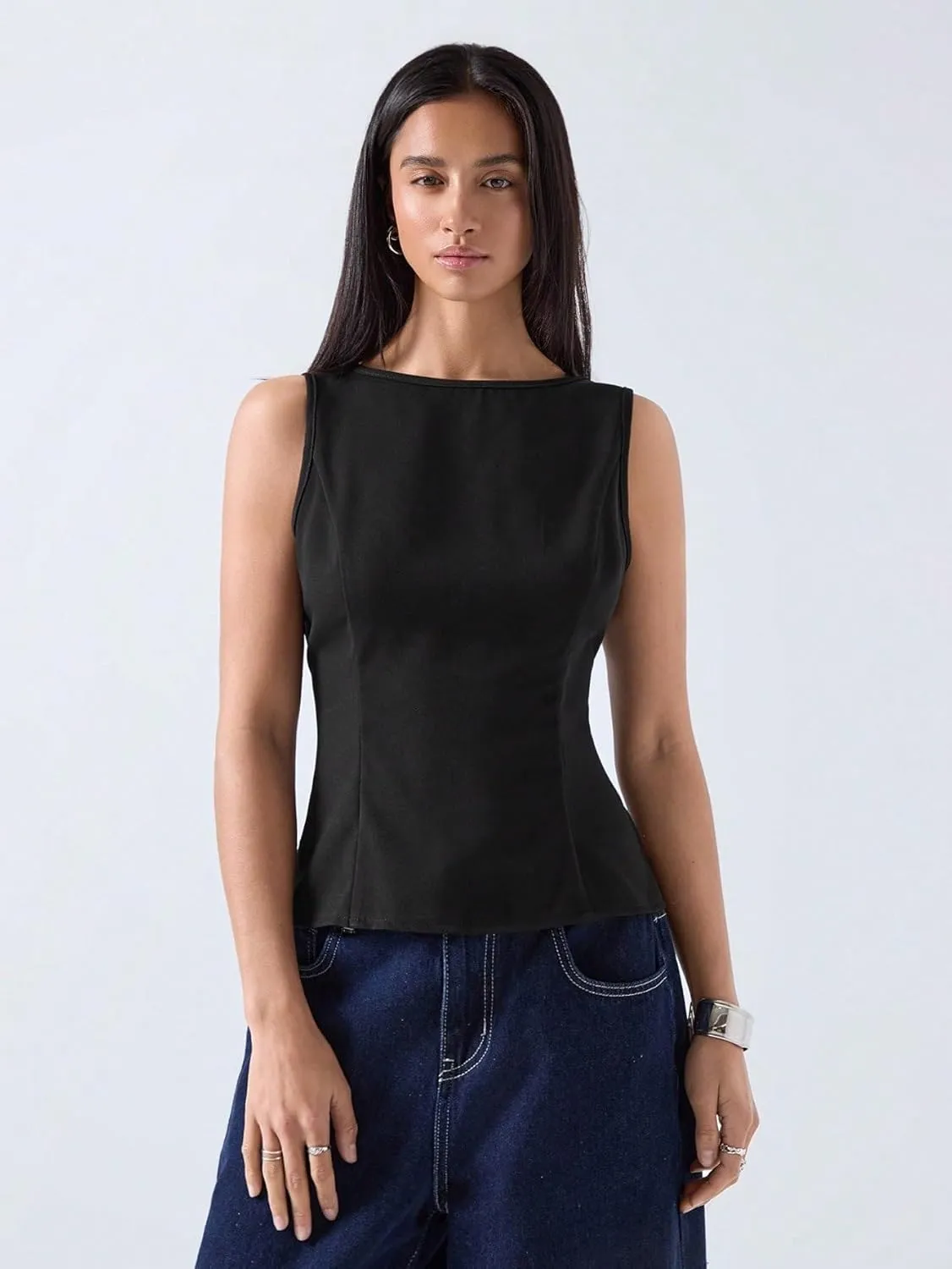 Womens Sleeveless Camisole Tank Tops Blouse Round Neck Casual Asymmetrical Regular Fit Top
