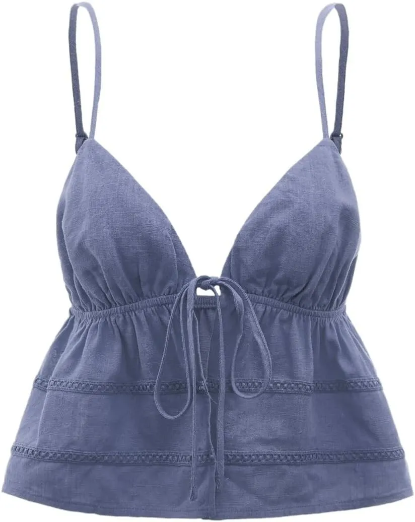 Womens Sleeveless Camisole Tank Tops Blouse Spaghetti Strap Solid Tie Front Cami Top