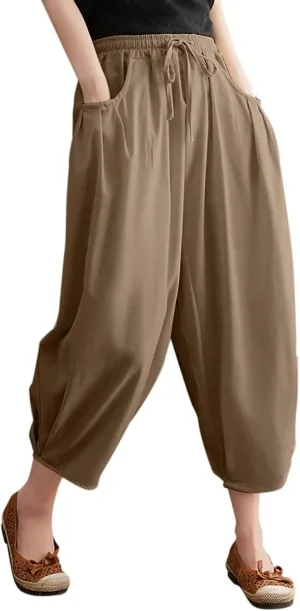 Womens Solid Color Capri Pants Casual Loose Drawstring Elastic Waist Cotton Linen Cropped Trousers Summer Thin Workout Pants