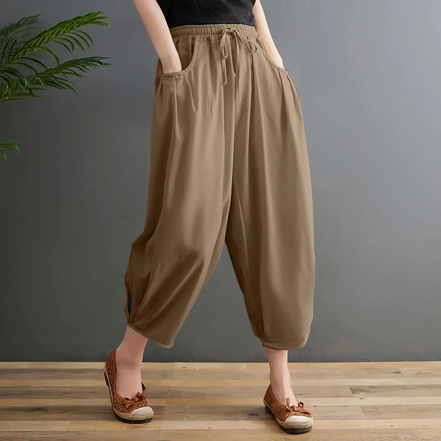 Womens Solid Color Capri Pants Casual Loose Drawstring Elastic Waist Cotton Linen Cropped Trousers Summer Thin Workout Pants