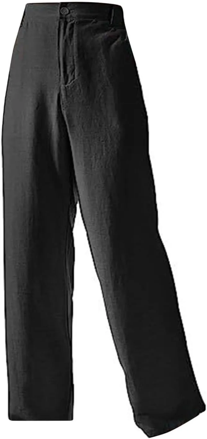 Womens Summer Casual Linen Trousers High Waisted Slim Fit Straight Leg Long Trousers Solid Color Beach Yoga Pants with Button