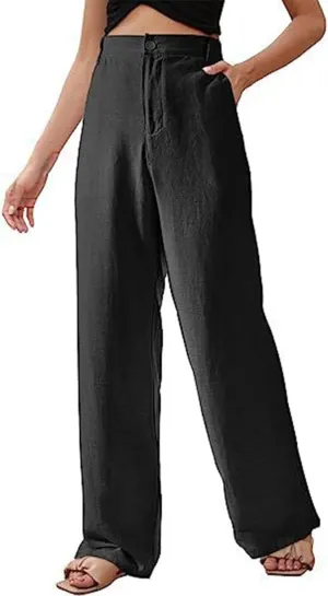 Womens Summer Casual Linen Trousers High Waisted Slim Fit Straight Leg Long Trousers Solid Color Beach Yoga Pants with Button
