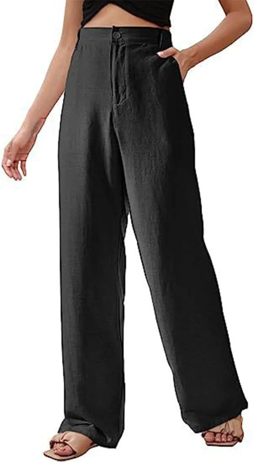 Womens Summer Casual Linen Trousers High Waisted Slim Fit Straight Leg Long Trousers Solid Color Beach Yoga Pants with Button