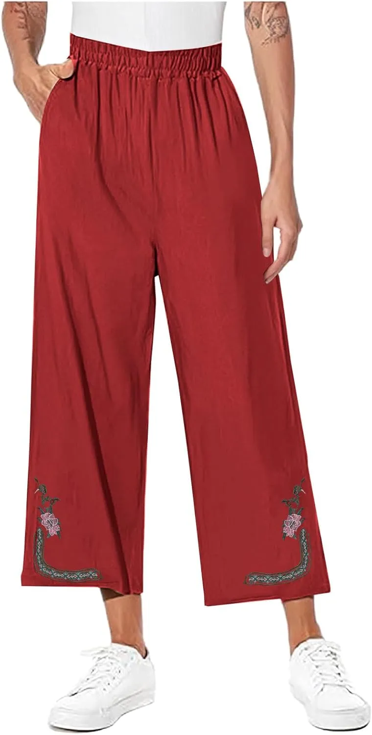 Womens Summer Linen Pants Pleated Boho High Waist Pant Floral Print Wide Leg Pants Palazzo Flowy Beach Pant Loose Fit