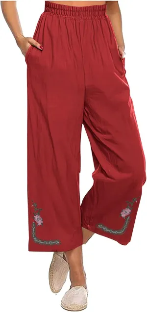 Womens Summer Linen Pants Pleated Boho High Waist Pant Floral Print Wide Leg Pants Palazzo Flowy Beach Pant Loose Fit