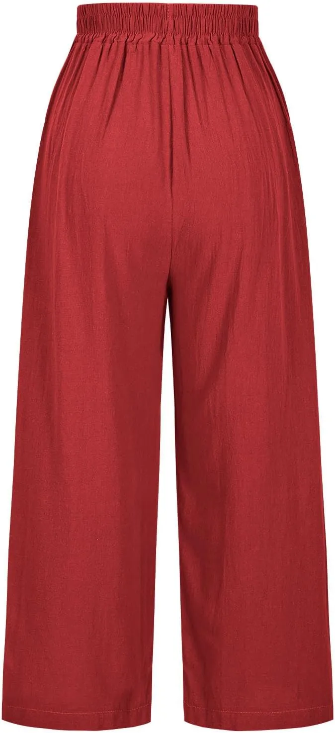Womens Summer Linen Pants Pleated Boho High Waist Pant Floral Print Wide Leg Pants Palazzo Flowy Beach Pant Loose Fit