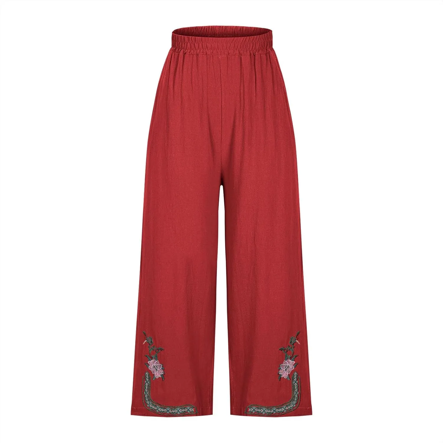 Womens Summer Linen Pants Pleated Boho High Waist Pant Floral Print Wide Leg Pants Palazzo Flowy Beach Pant Loose Fit