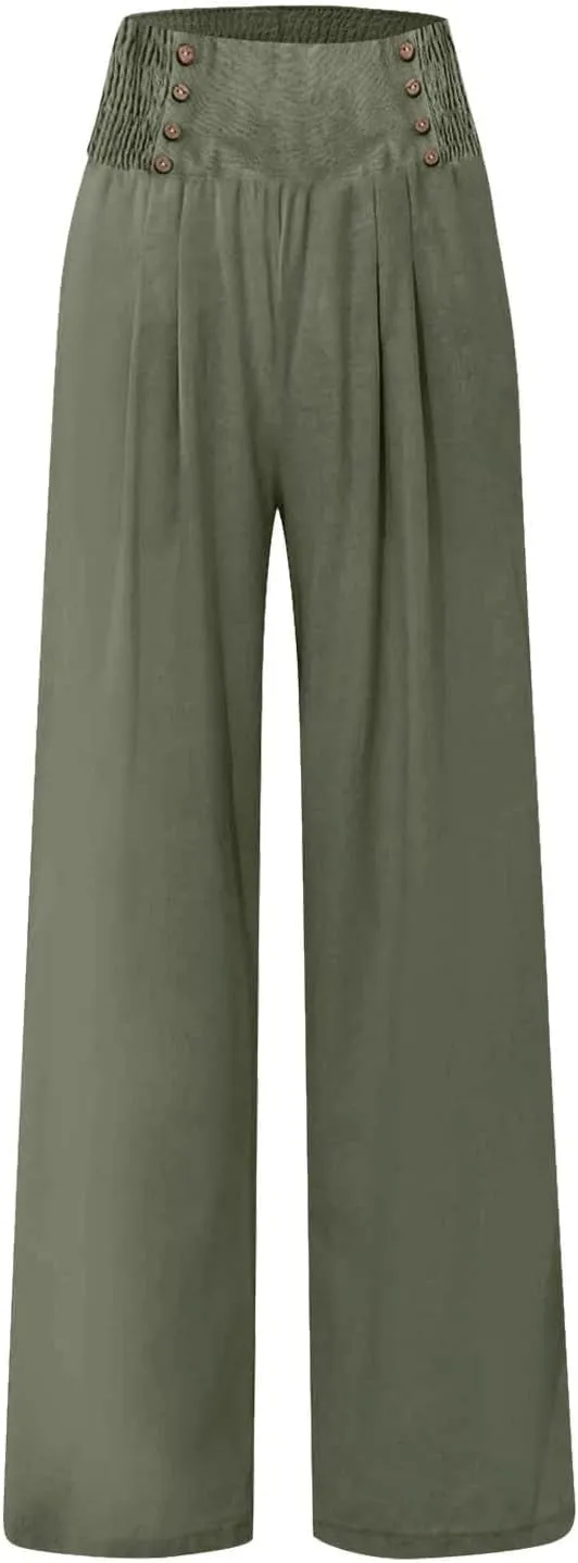 Women's Summer Pants, Drawstring High Waist Linen Palazzo Pants Wide Leg Lounge Pant Trousers with Pockets