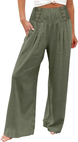 Women's Summer Pants, Drawstring High Waist Linen Palazzo Pants Wide Leg Lounge Pant Trousers with Pockets