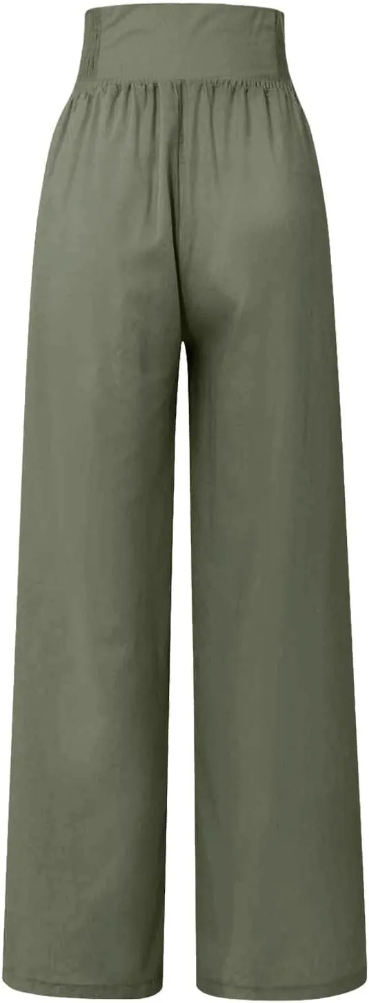 Women's Summer Pants, Drawstring High Waist Linen Palazzo Pants Wide Leg Lounge Pant Trousers with Pockets