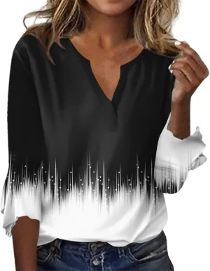 Women's Summer Tops Floral Print V Neck Basic Tees Bell 3/4 Sleeve Loose Casual Tunic Tops Summer Baggy Work Tops