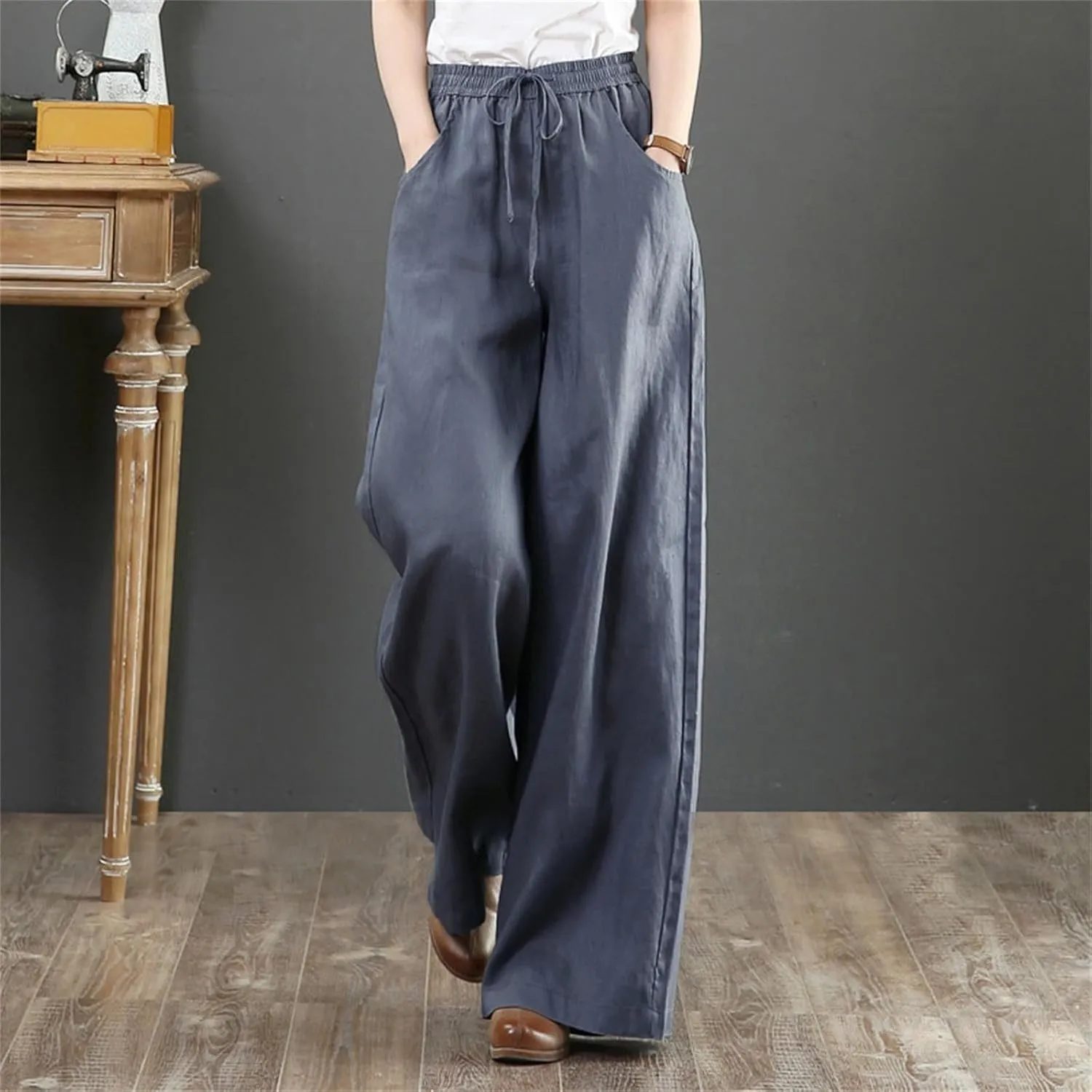 Womens Summer Wide Leg Pants High Waist Flowy Elastic Waist Lacing Plus Size Linen Palazzo Trousers Beach Vacation Yoga Pants