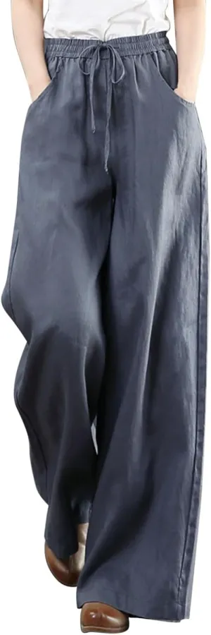 Womens Summer Wide Leg Pants High Waist Flowy Elastic Waist Lacing Plus Size Linen Palazzo Trousers Beach Vacation Yoga Pants