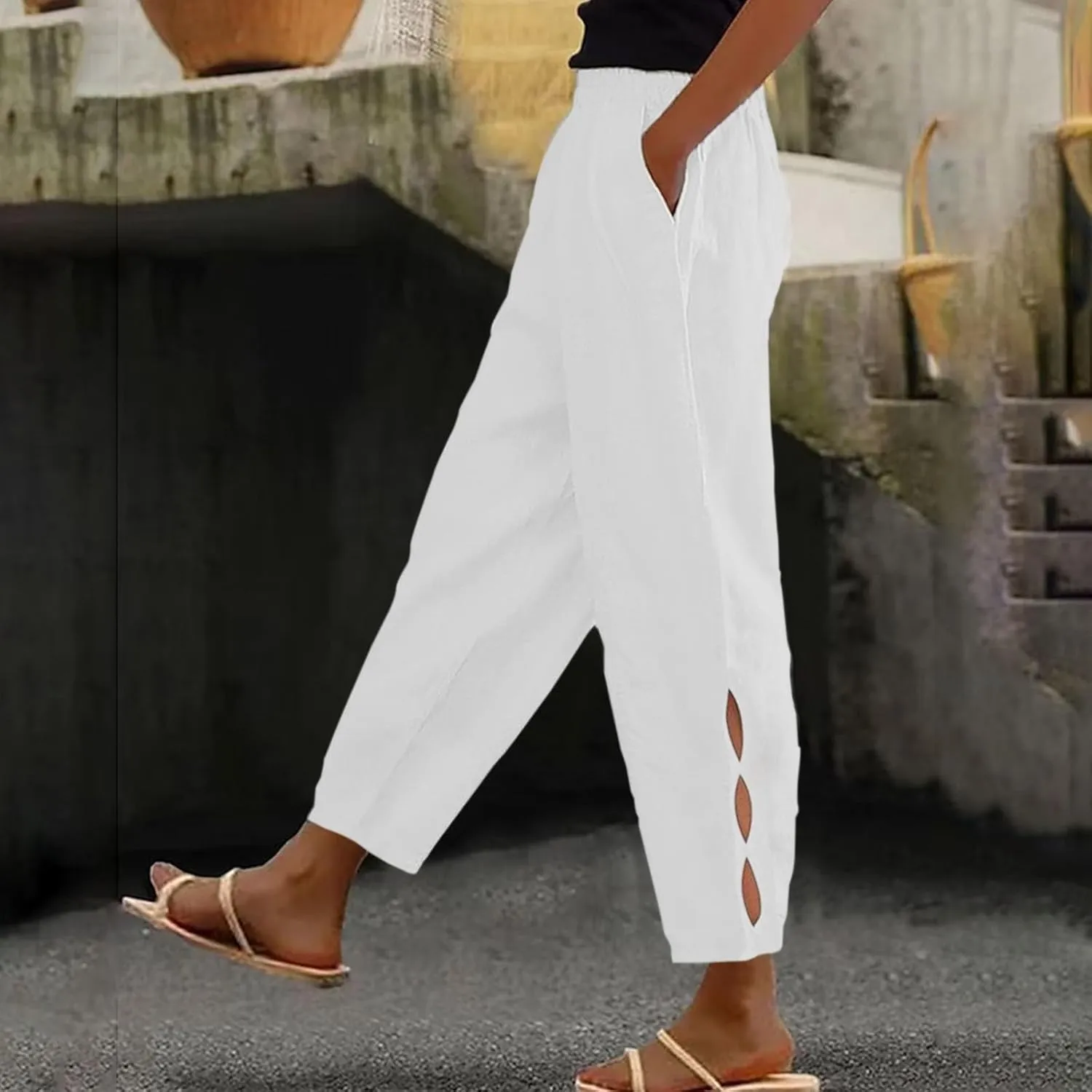 Women's Trendy Linen Pants Summer Casual Loose Elastic Waist Lounge Pants Hollow Out Yoga Beach Trousers with Pockets