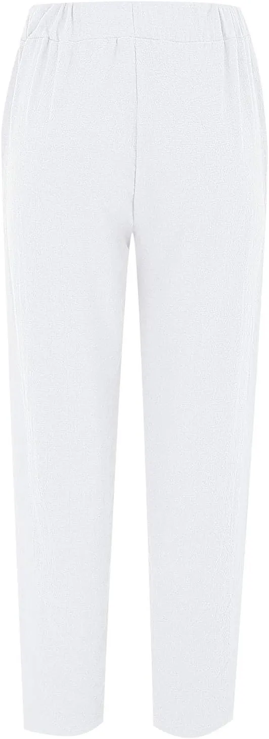 Women's Trendy Linen Pants Summer Casual Loose Elastic Waist Lounge Pants Hollow Out Yoga Beach Trousers with Pockets