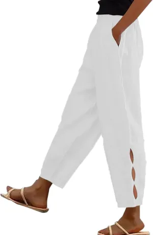 Women's Trendy Linen Pants Summer Casual Loose Elastic Waist Lounge Pants Hollow Out Yoga Beach Trousers with Pockets