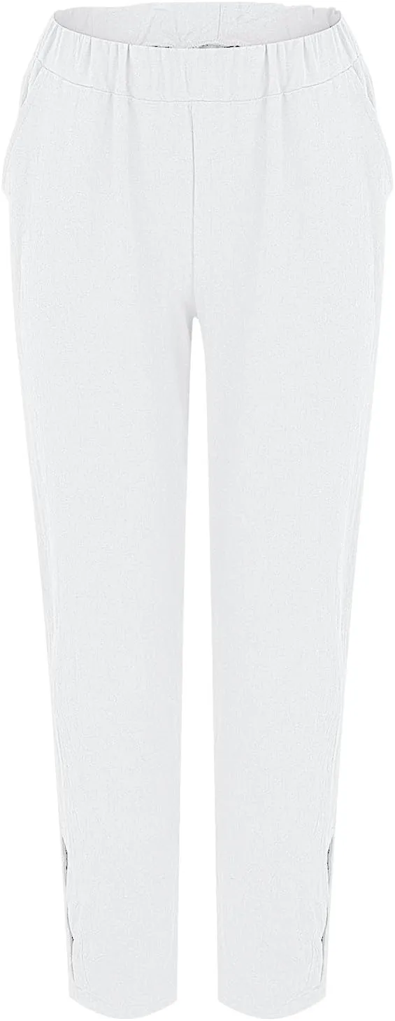 Women's Trendy Linen Pants Summer Casual Loose Elastic Waist Lounge Pants Hollow Out Yoga Beach Trousers with Pockets