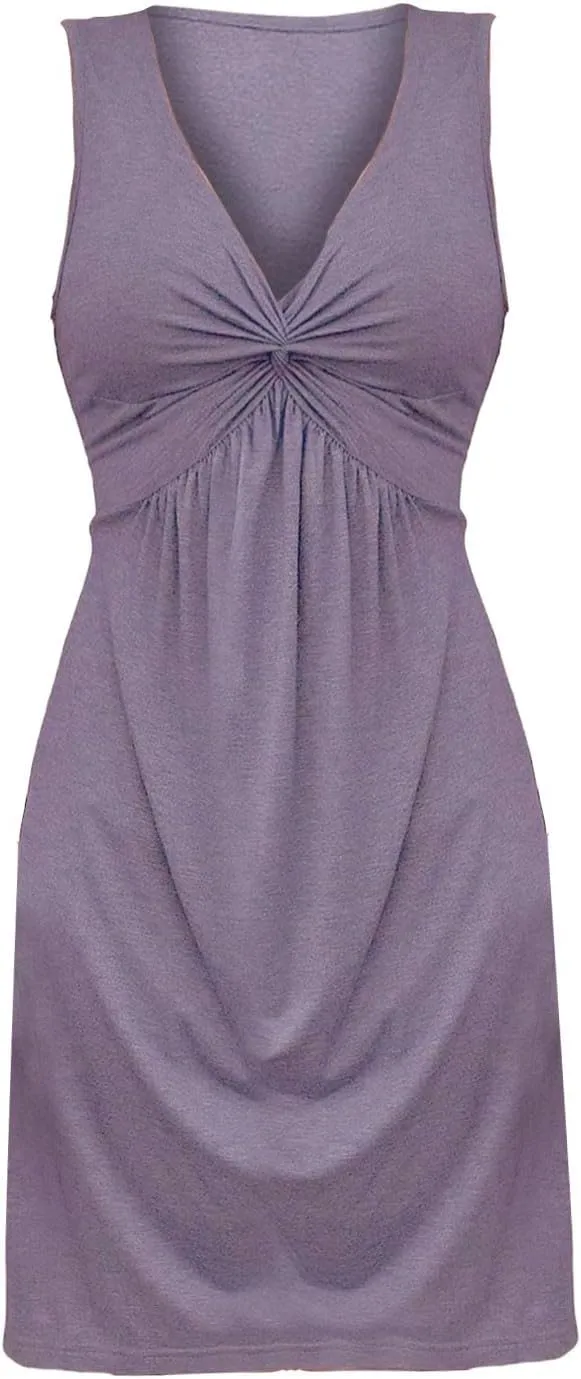 Women's Twist Front V Neck Tank A Line Dress Ruffle Summer Elegant Sleeveless Club Party Tunic Bodycon Mini Sundress