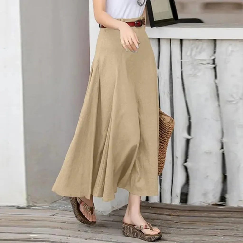 Women's Vintage High Waist A-Line Flared Midi Skirts with Pockets Plus Size Lightweight Casual Midi Skirt