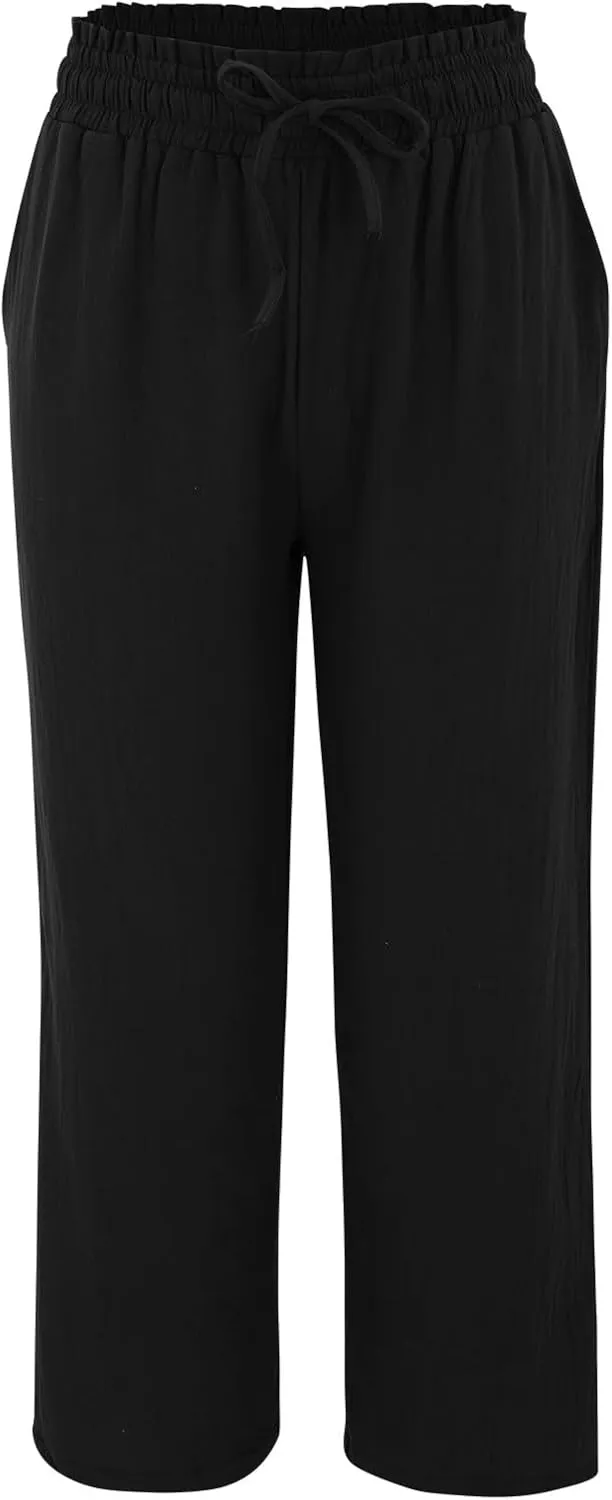 Women's Wide Leg Capri Pants Summer Linen Elastic Smocked Waist Straight Leg Pants Drawstring Casual Outdoor Hiking Trousers