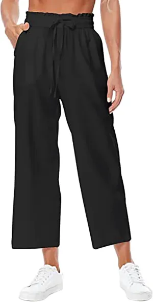 Women's Wide Leg Capri Pants Summer Linen Elastic Smocked Waist Straight Leg Pants Drawstring Casual Outdoor Hiking Trousers
