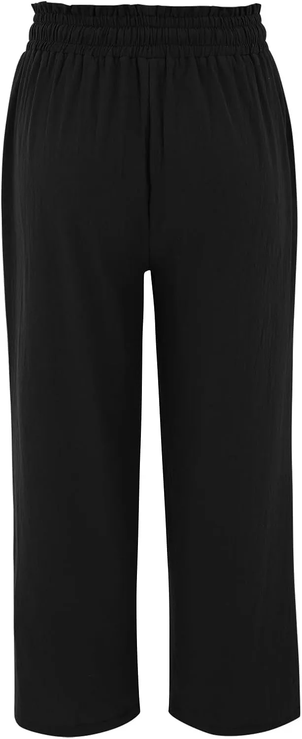 Women's Wide Leg Capri Pants Summer Linen Elastic Smocked Waist Straight Leg Pants Drawstring Casual Outdoor Hiking Trousers