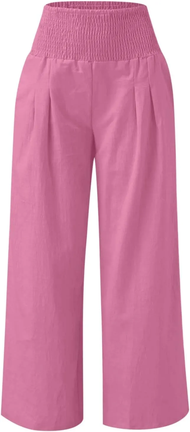 Women's Wide Leg Linen Pants Summer Loose High Waist Smocked Palazzo Pants Baggy Flowy Lounge Beach Pants Trousers