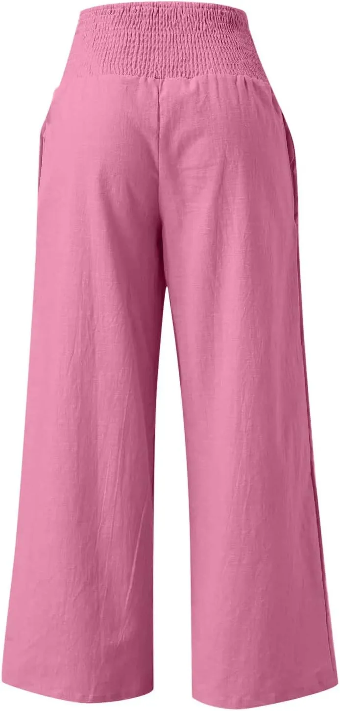 Women's Wide Leg Linen Pants Summer Loose High Waist Smocked Palazzo Pants Baggy Flowy Lounge Beach Pants Trousers
