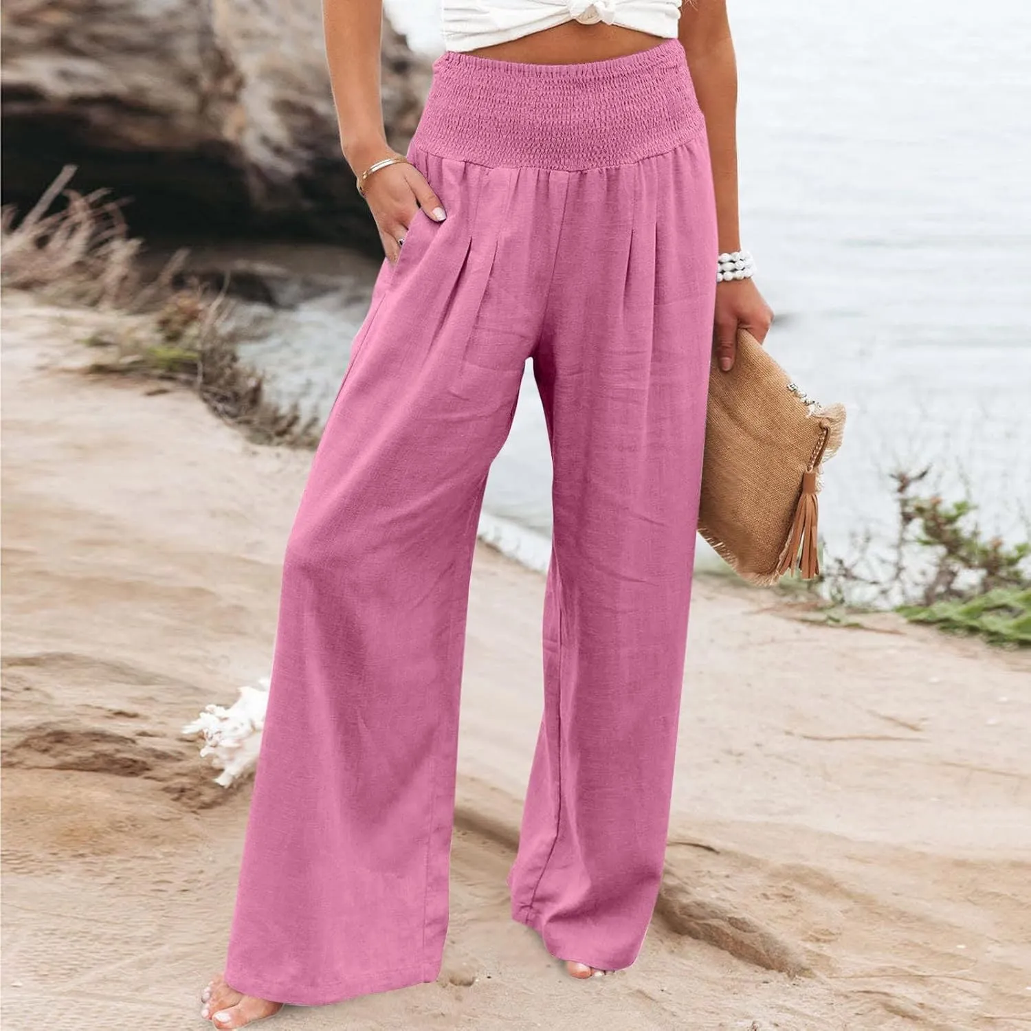 Women's Wide Leg Linen Pants Summer Loose High Waist Smocked Palazzo Pants Baggy Flowy Lounge Beach Pants Trousers