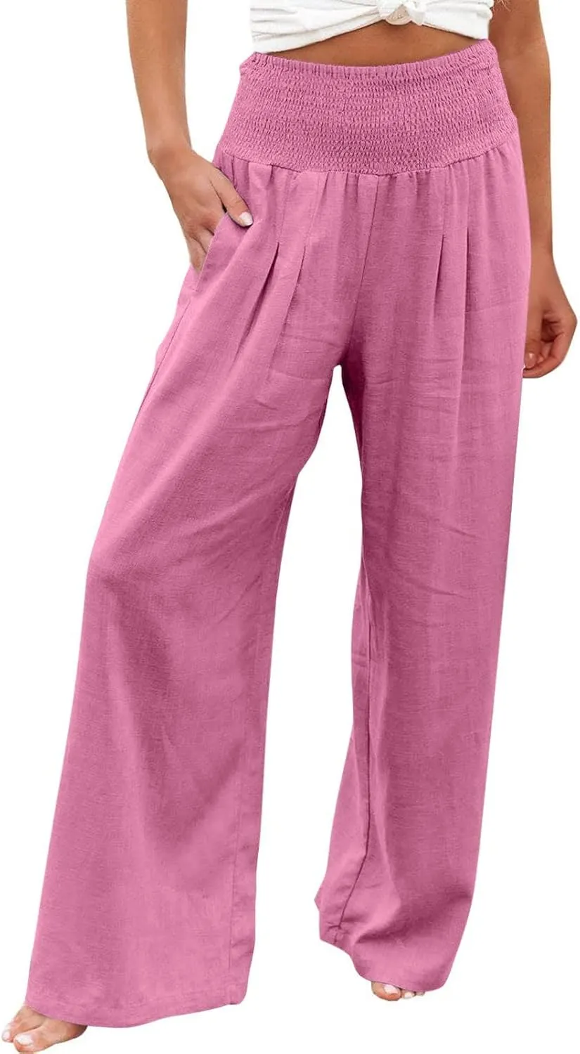 Women's Wide Leg Linen Pants Summer Loose High Waist Smocked Palazzo Pants Baggy Flowy Lounge Beach Pants Trousers
