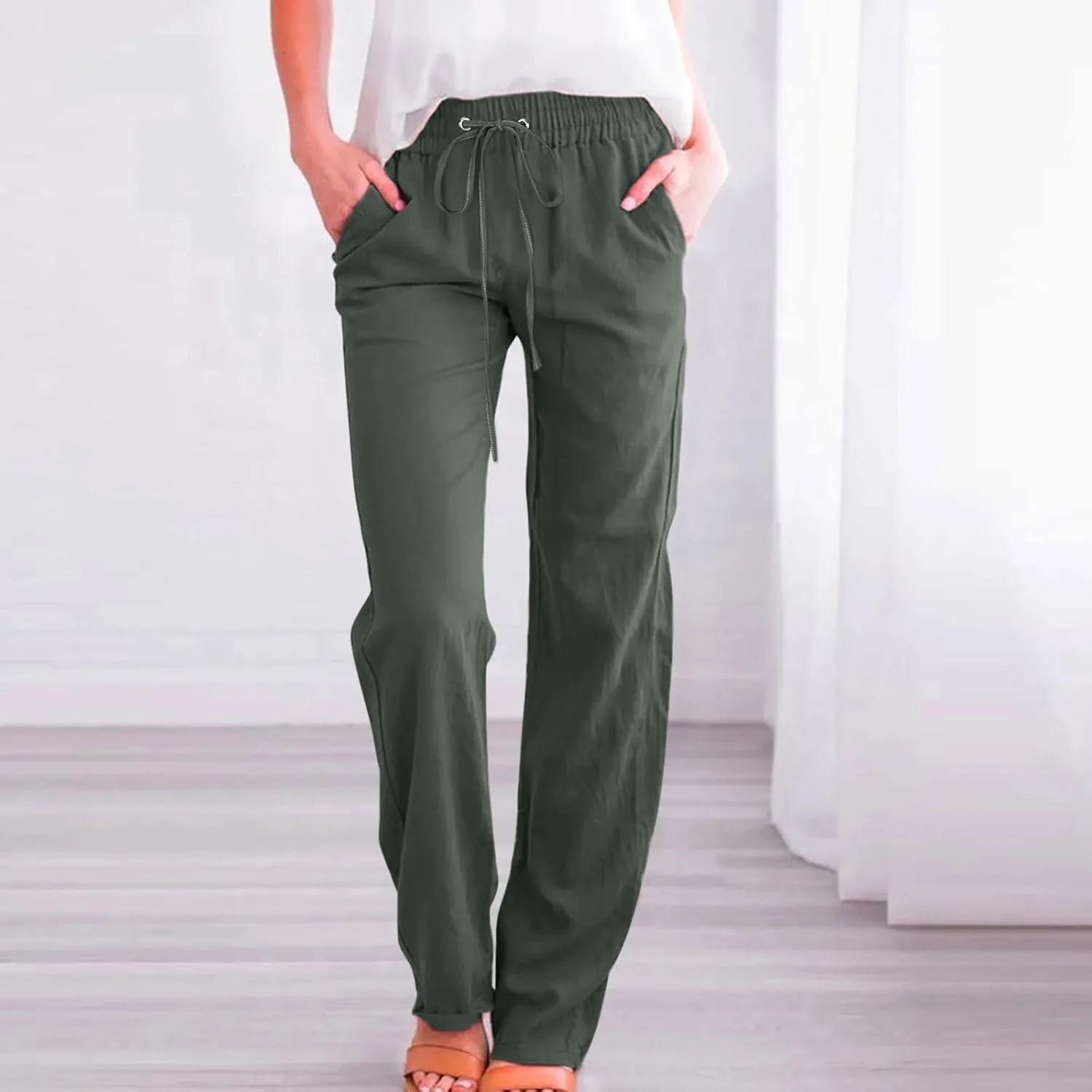 Women's Wide Leg Trousers Drawstring Causal Solid Color Long Pants Summer Comfy Classic Basic Lounge Pants with Pockets