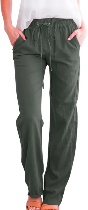Women's Wide Leg Trousers Drawstring Causal Solid Color Long Pants Summer Comfy Classic Basic Lounge Pants with Pockets