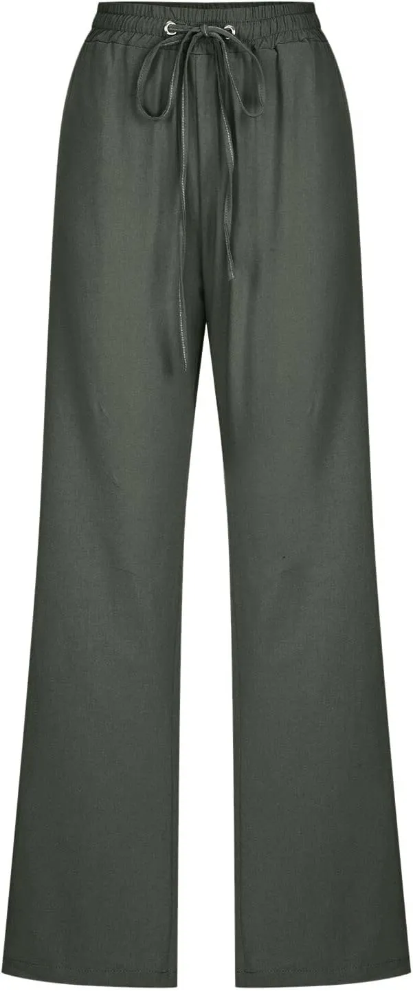 Women's Wide Leg Trousers Drawstring Causal Solid Color Long Pants Summer Comfy Classic Basic Lounge Pants with Pockets