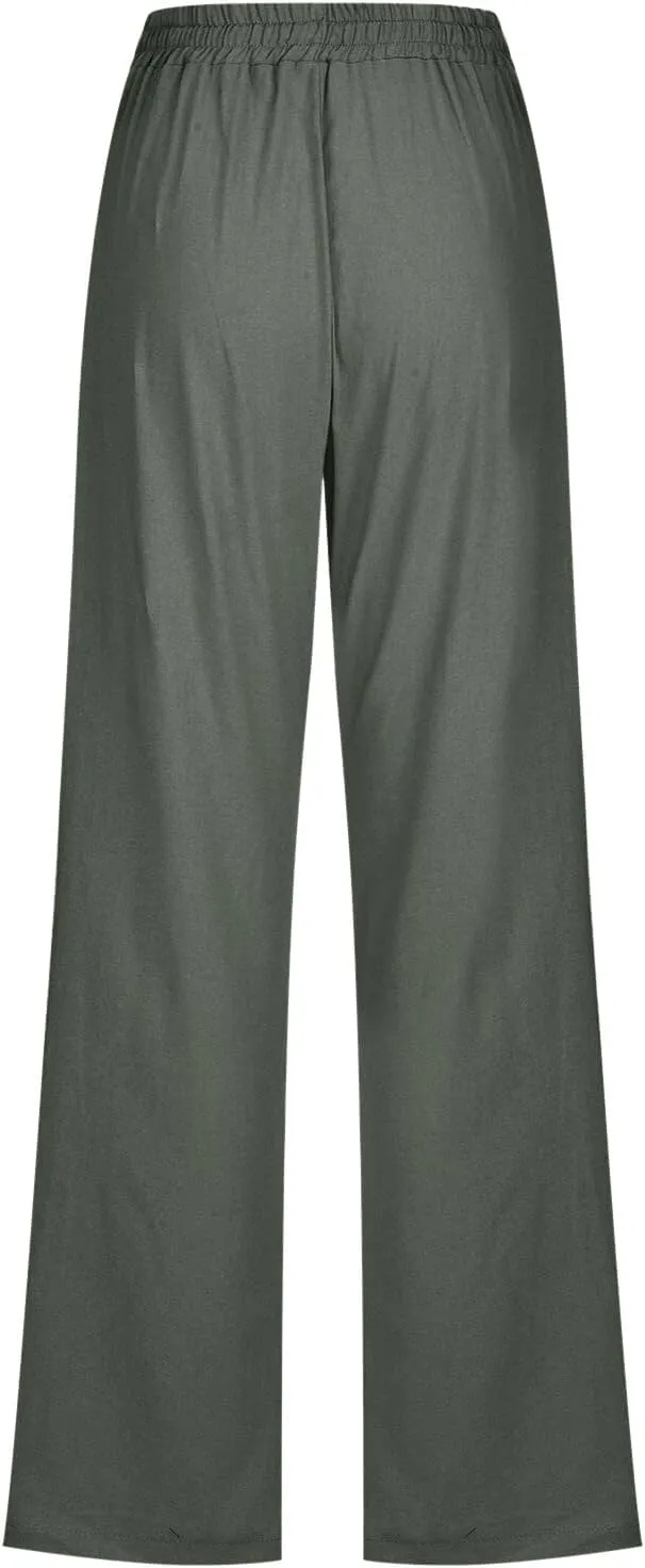 Women's Wide Leg Trousers Drawstring Causal Solid Color Long Pants Summer Comfy Classic Basic Lounge Pants with Pockets