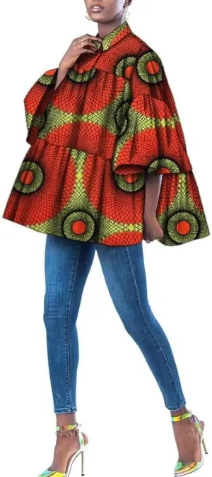 XIAOHUAGUA African Clothes for Women Casual Ankara Floral Print Ruffles Sleeve Loose Shirt Plus Size Mini Dress