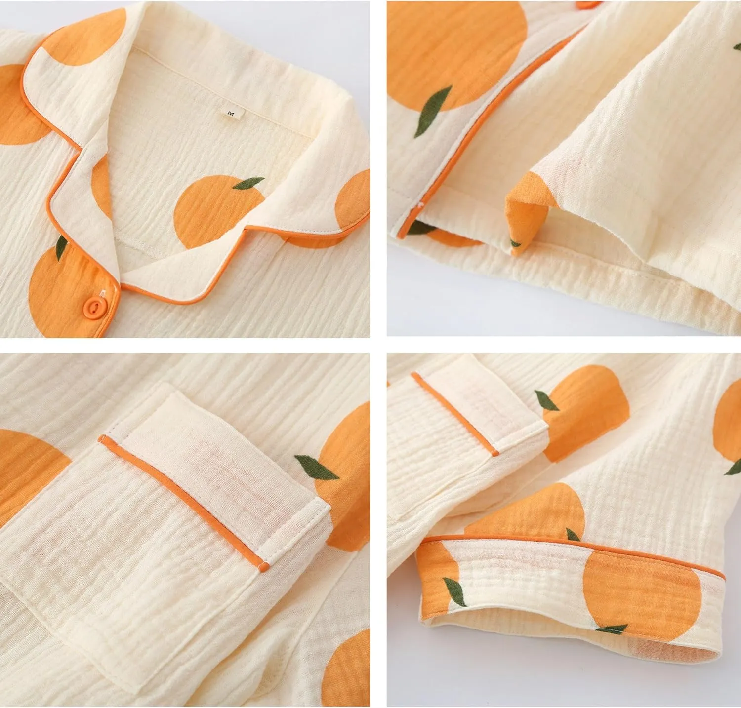Xunger Women's 3 Piece Orange Print Set Crepe Cotton Pajama Outfit Lightweight Summer Loungewear Cute Casual Sleepwear