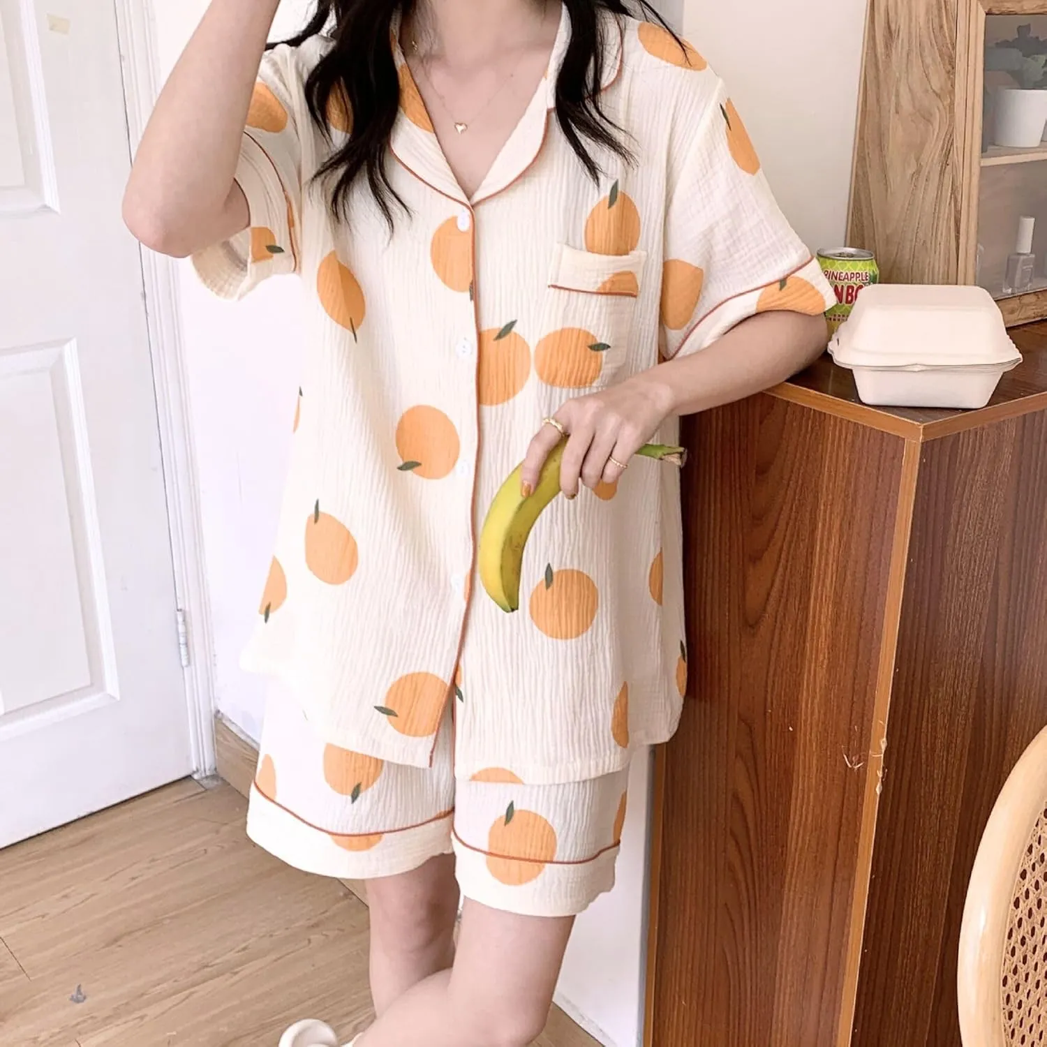 Xunger Women's 3 Piece Orange Print Set Crepe Cotton Pajama Outfit Lightweight Summer Loungewear Cute Casual Sleepwear