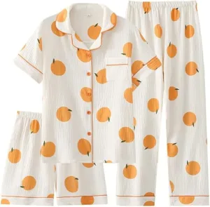 Xunger Women's 3 Piece Orange Print Set Crepe Cotton Pajama Outfit Lightweight Summer Loungewear Cute Casual Sleepwear