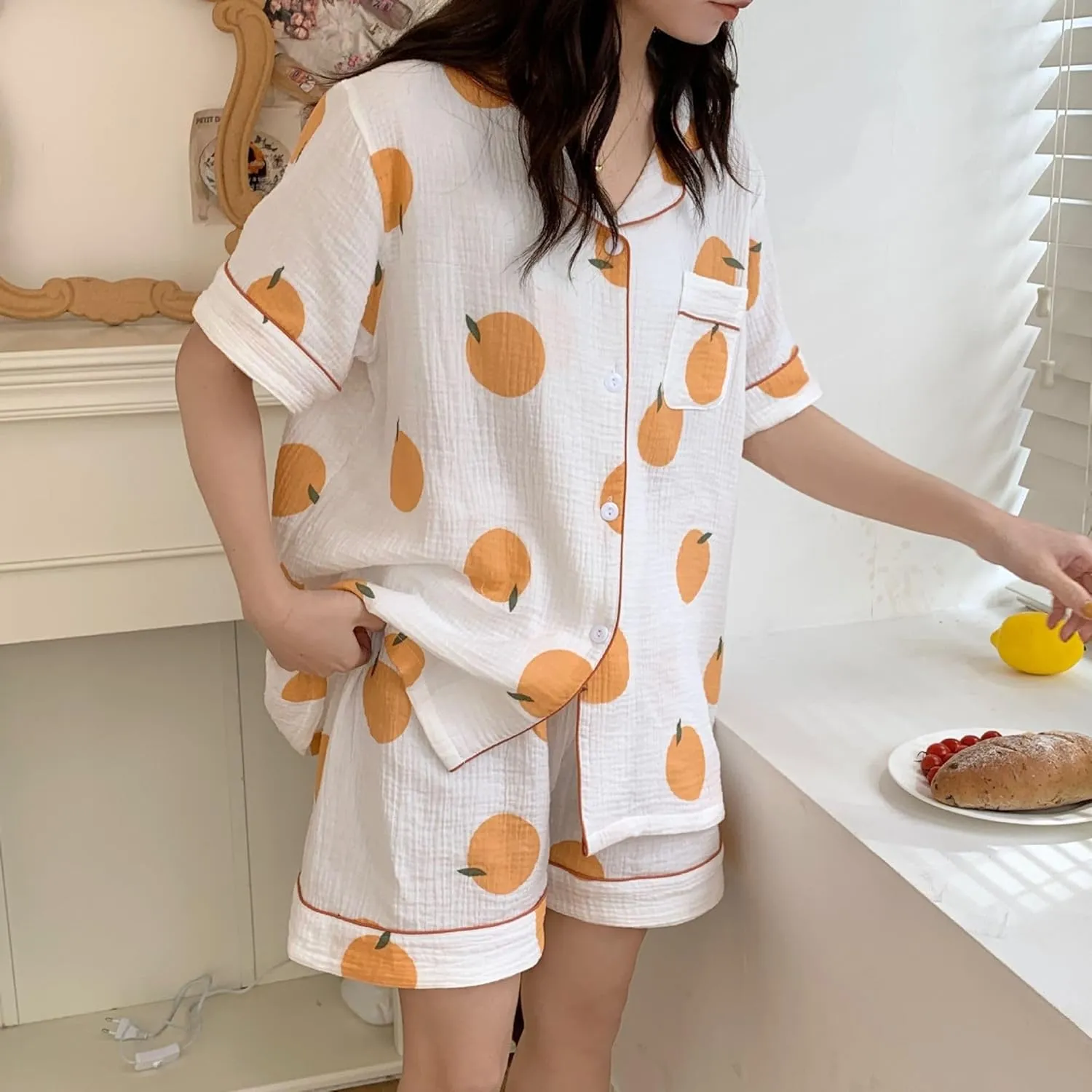 Xunger Women's 3 Piece Orange Print Set Crepe Cotton Pajama Outfit Lightweight Summer Loungewear Cute Casual Sleepwear