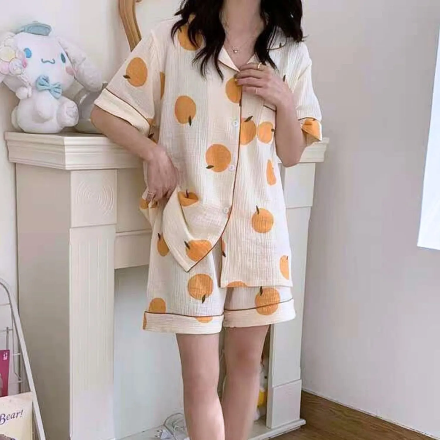 Xunger Women's 3 Piece Orange Print Set Crepe Cotton Pajama Outfit Lightweight Summer Loungewear Cute Casual Sleepwear