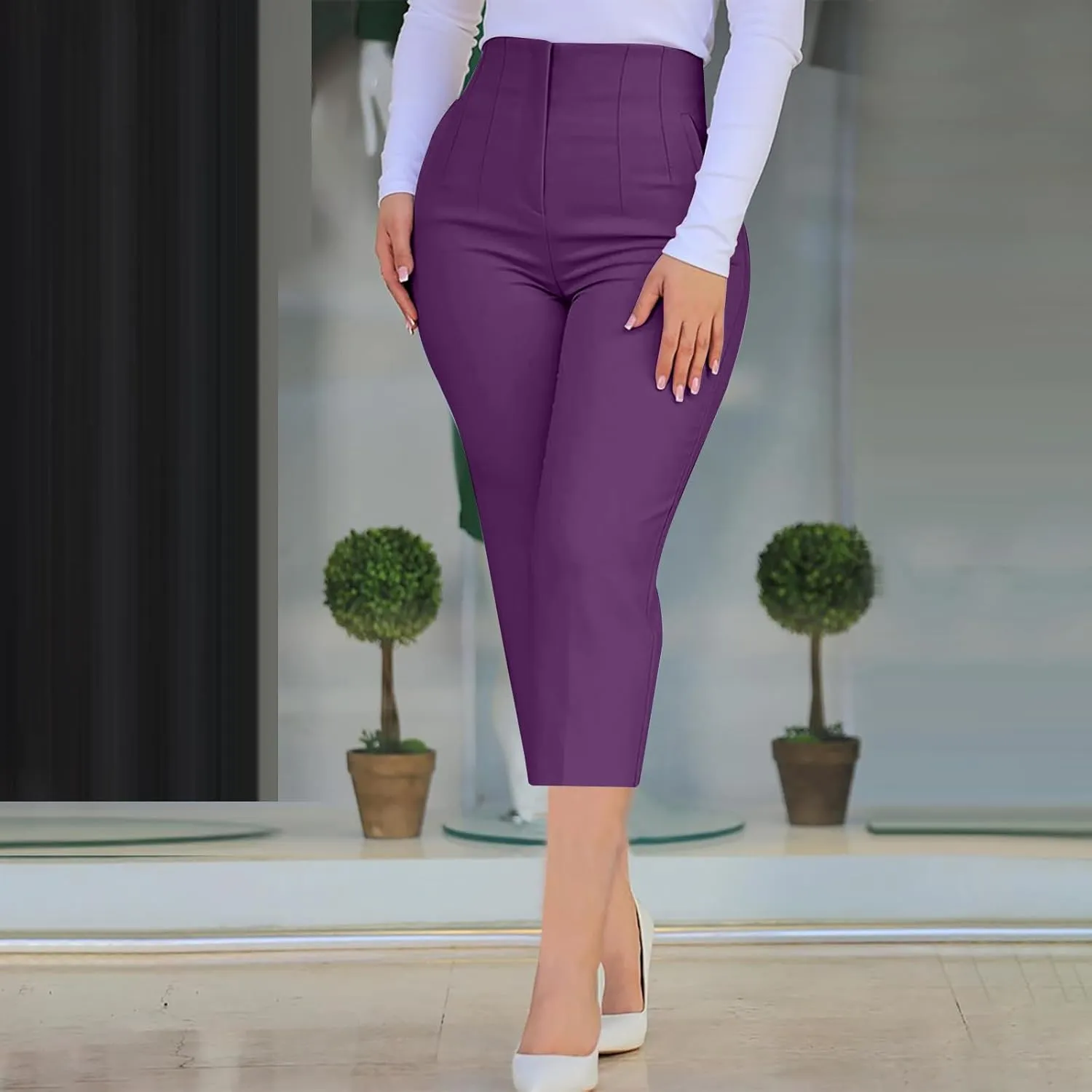 yardsong Business Casual Pants for Women High Waisted Dressy Capris Summer Fashion Office Work Slim Fit Capri Dress Pants
